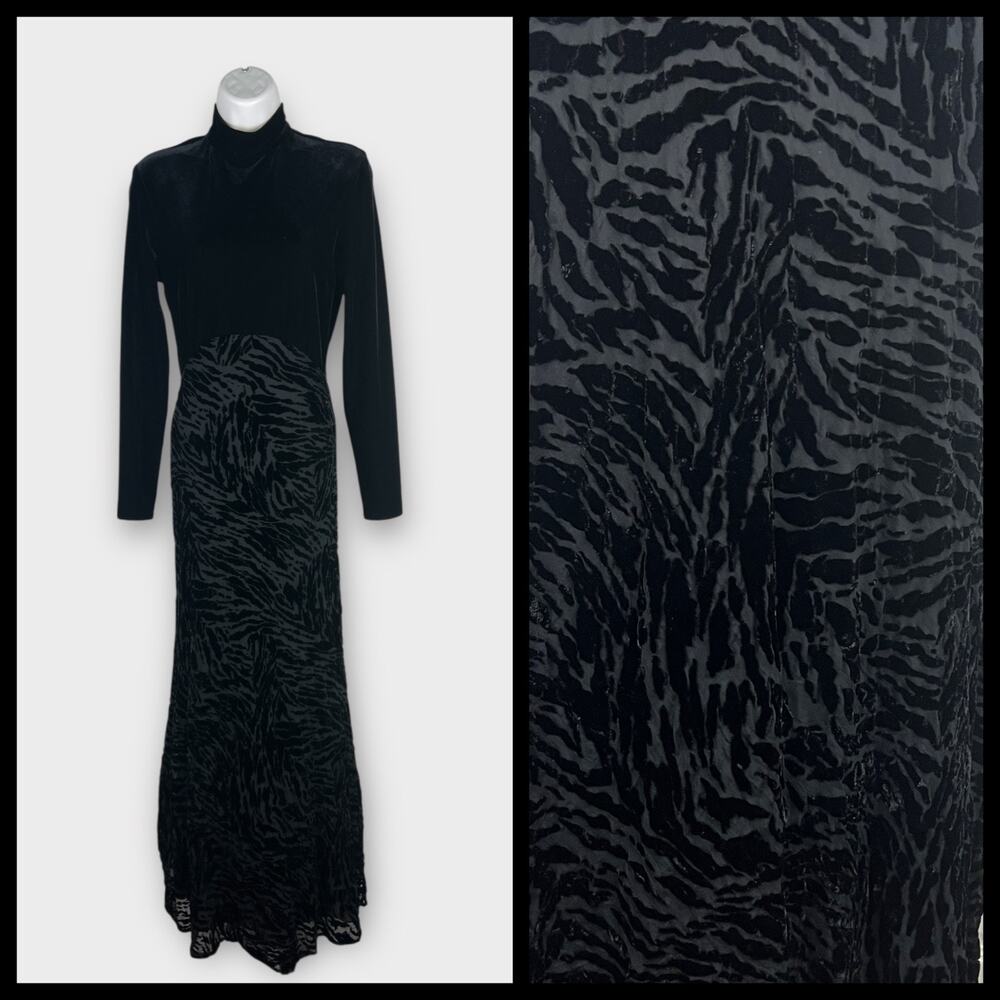 Black Velvet Burnout Maxi Dress Long Sleeve Mock Neck‎ Gothic XXS